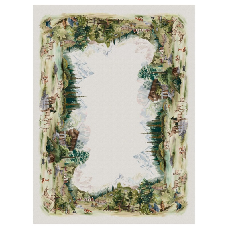 Tovaglia 100% lino decorato con paesaggio di montagna e animali, dimensioni 170 x 270 cm, made in Italy